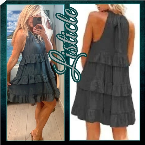Listicle®, Ladies' Halter Cafe Dress,Tiered Softly Ruffled,Tie-Neck,Lined,Size S - Picture 1 of 15
